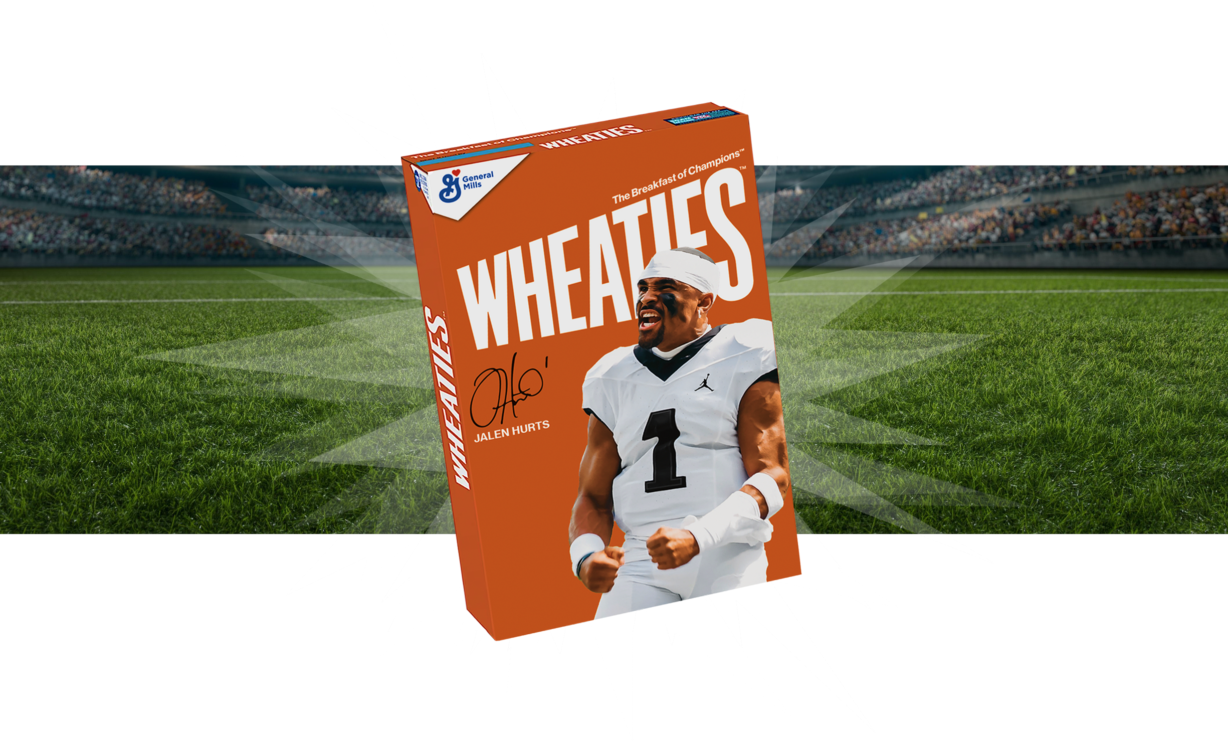 Wheaties box featuring Jalen Hurts on a football field